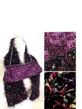 Duo scarf+handbag: embellished evening bag sequin & pearl + scarf - purple